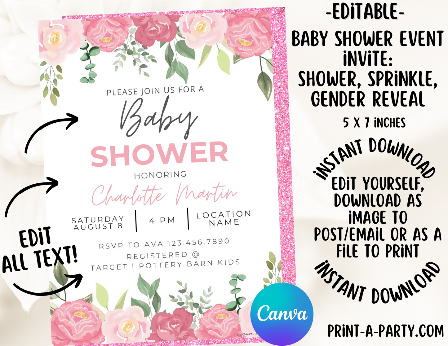 BABY SHOWER INVITE - EDITABLE PRINTABLE | Pink Floral Theme | Pink Florals Baby Shower Invitation Customization