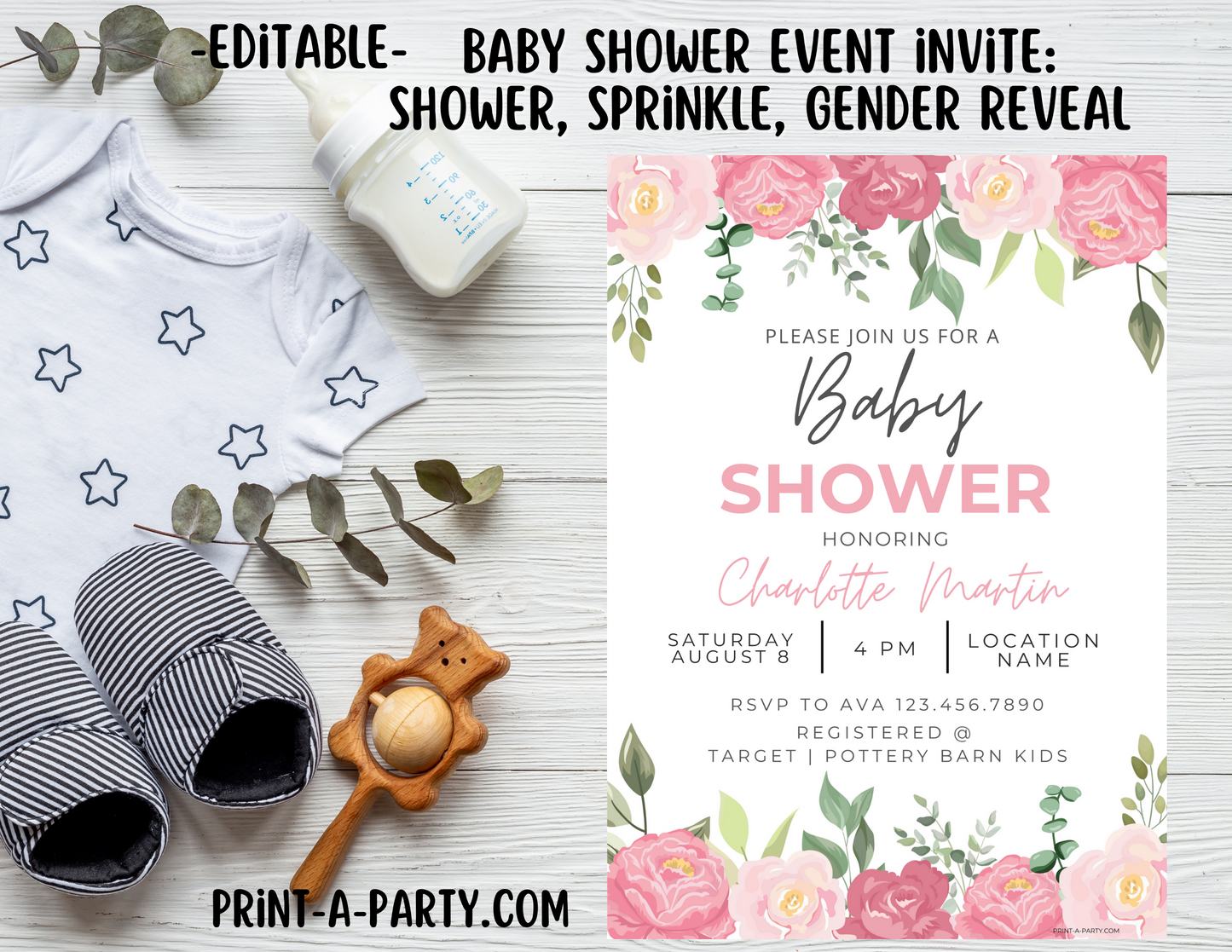 BABY SHOWER INVITE - EDITABLE PRINTABLE | Pink Floral Theme | Pink Florals Baby Shower Invitation Customization