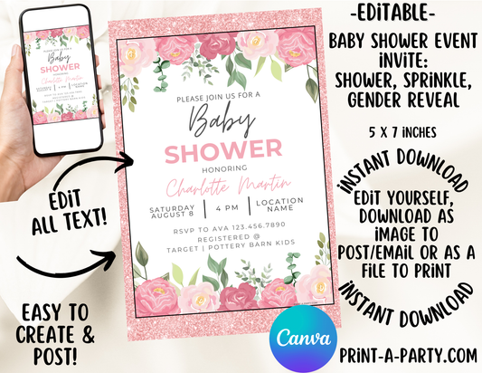 BABY SHOWER INVITE - EDITABLE PRINTABLE | Pink Floral Theme | Pink Florals Baby Shower Invitation Customization