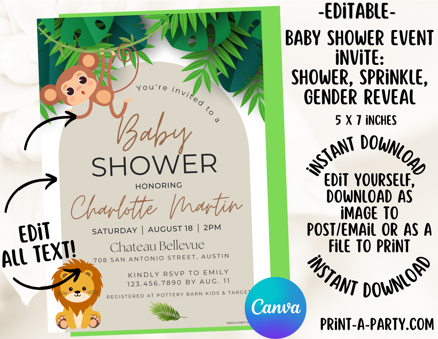 BABY SHOWER INVITE - EDITABLE PRINTABLE | Jungle Theme | Jungle Baby Shower Invitation Customization