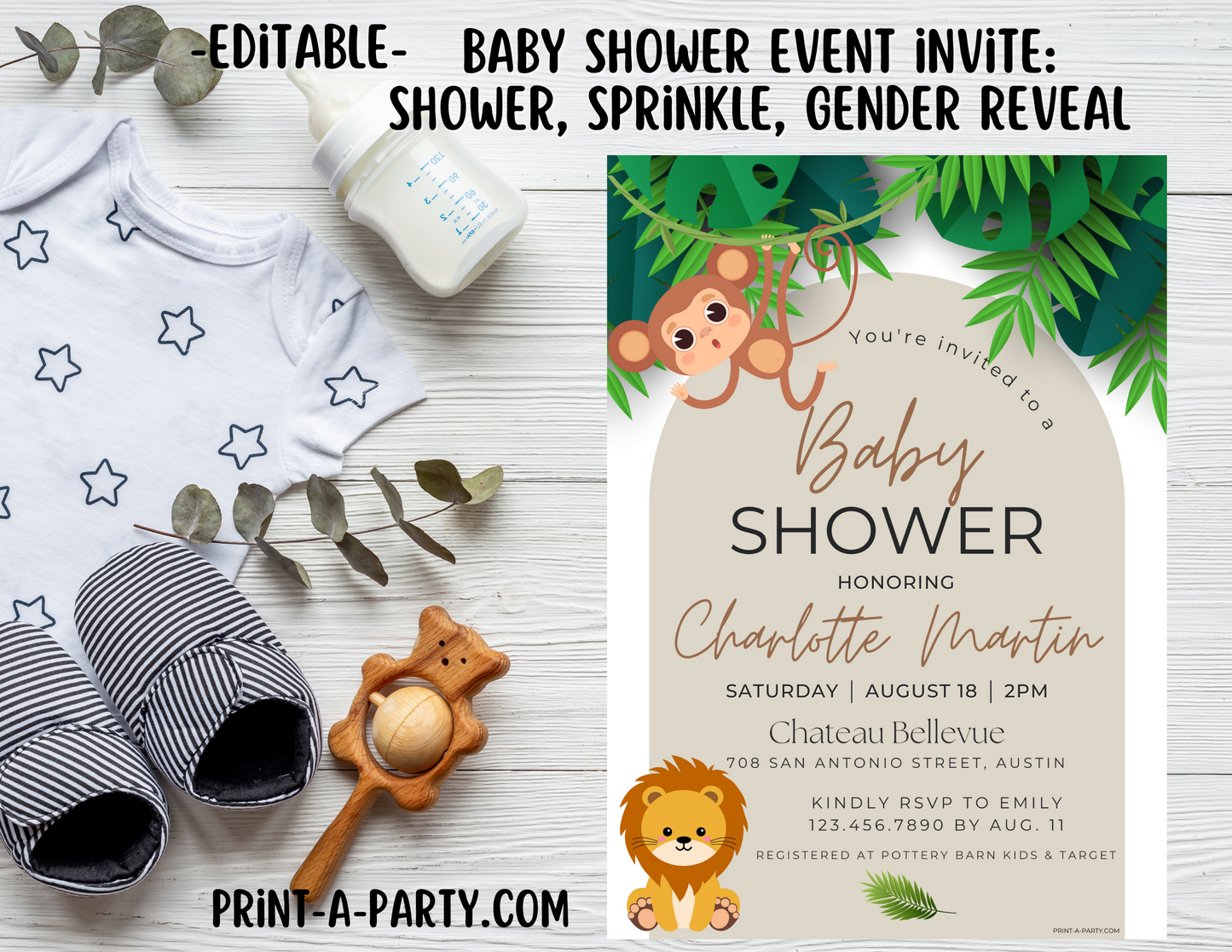 BABY SHOWER INVITE - EDITABLE PRINTABLE | Jungle Theme | Jungle Baby Shower Invitation Customization