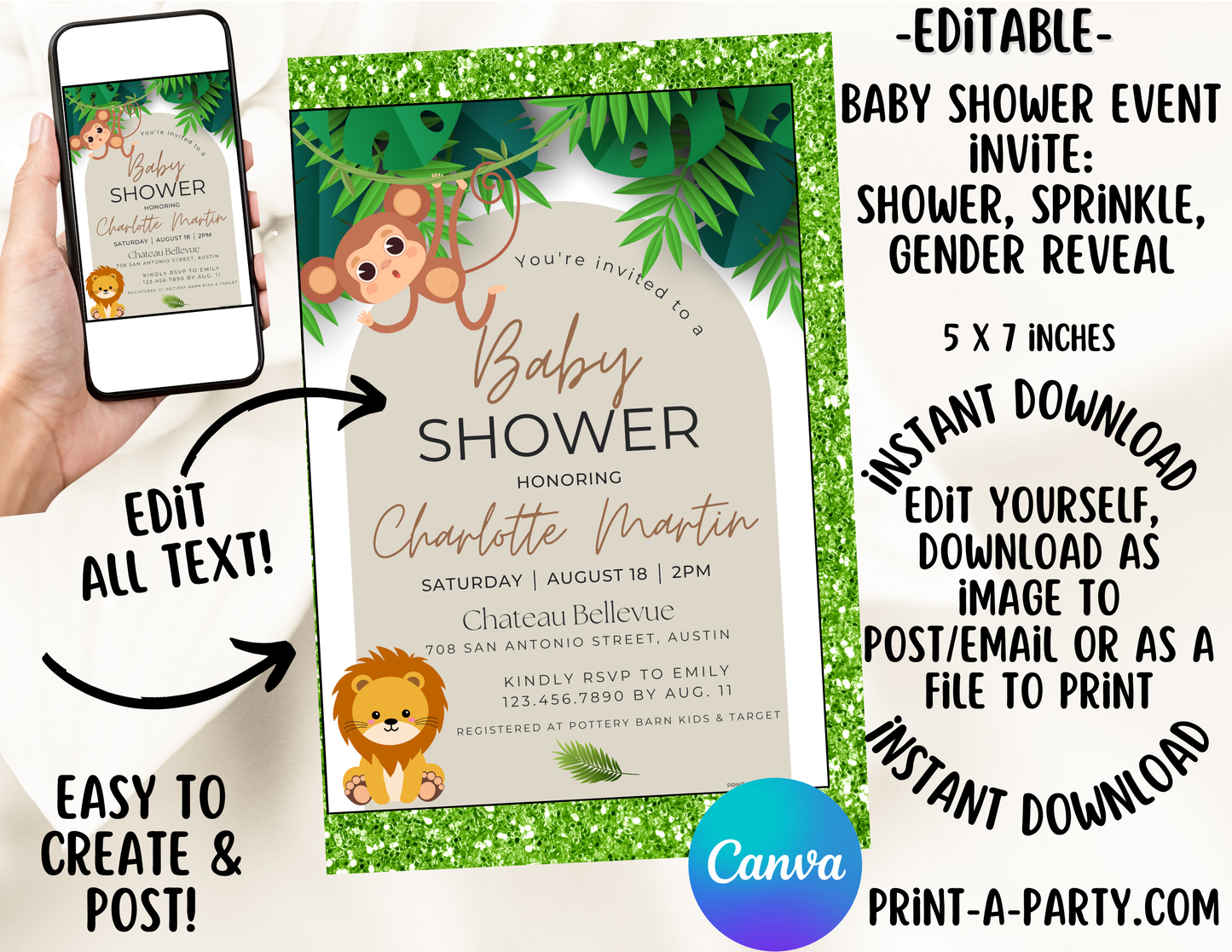 BABY SHOWER INVITE - EDITABLE PRINTABLE | Jungle Theme | Jungle Baby Shower Invitation Customization