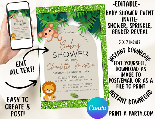 BABY SHOWER INVITE - EDITABLE PRINTABLE | Jungle Theme | Jungle Baby Shower Invitation Customization