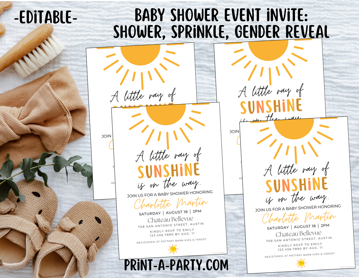 BABY SHOWER INVITE - EDITABLE PRINTABLE | Sunshine Theme | Sunshine Baby Shower Invitation Customization