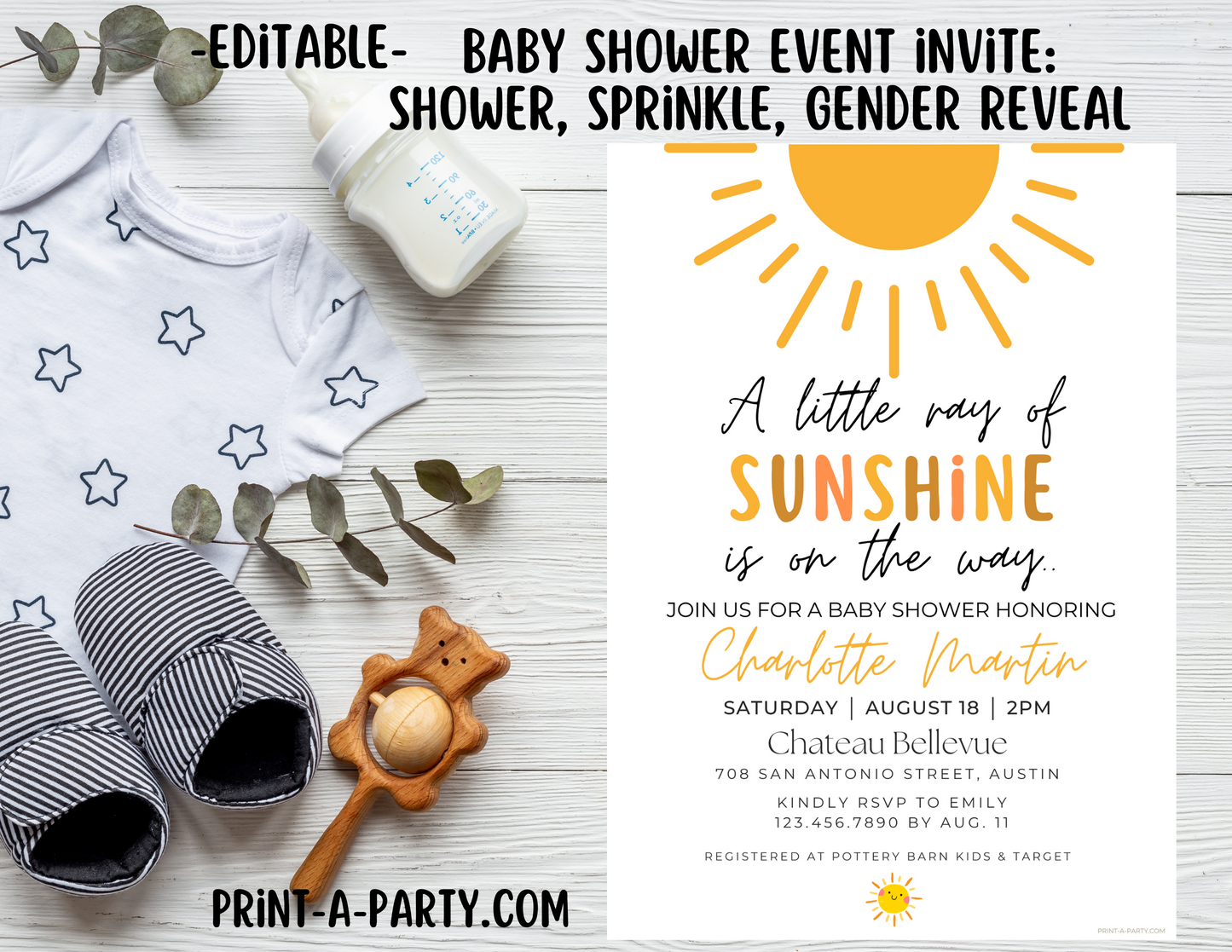 BABY SHOWER INVITE - EDITABLE PRINTABLE | Sunshine Theme | Sunshine Baby Shower Invitation Customization