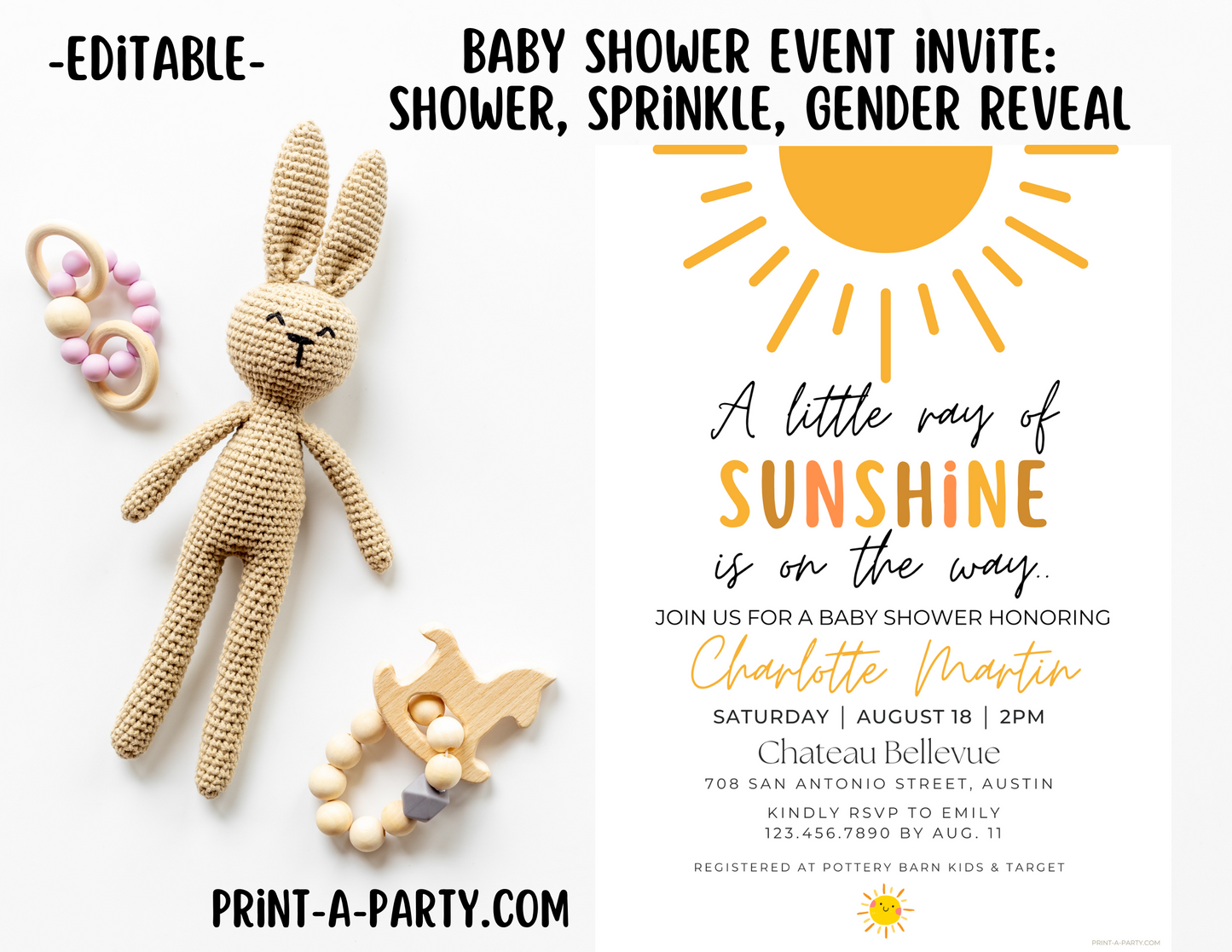 BABY SHOWER INVITE - EDITABLE PRINTABLE | Sunshine Theme | Sunshine Baby Shower Invitation Customization