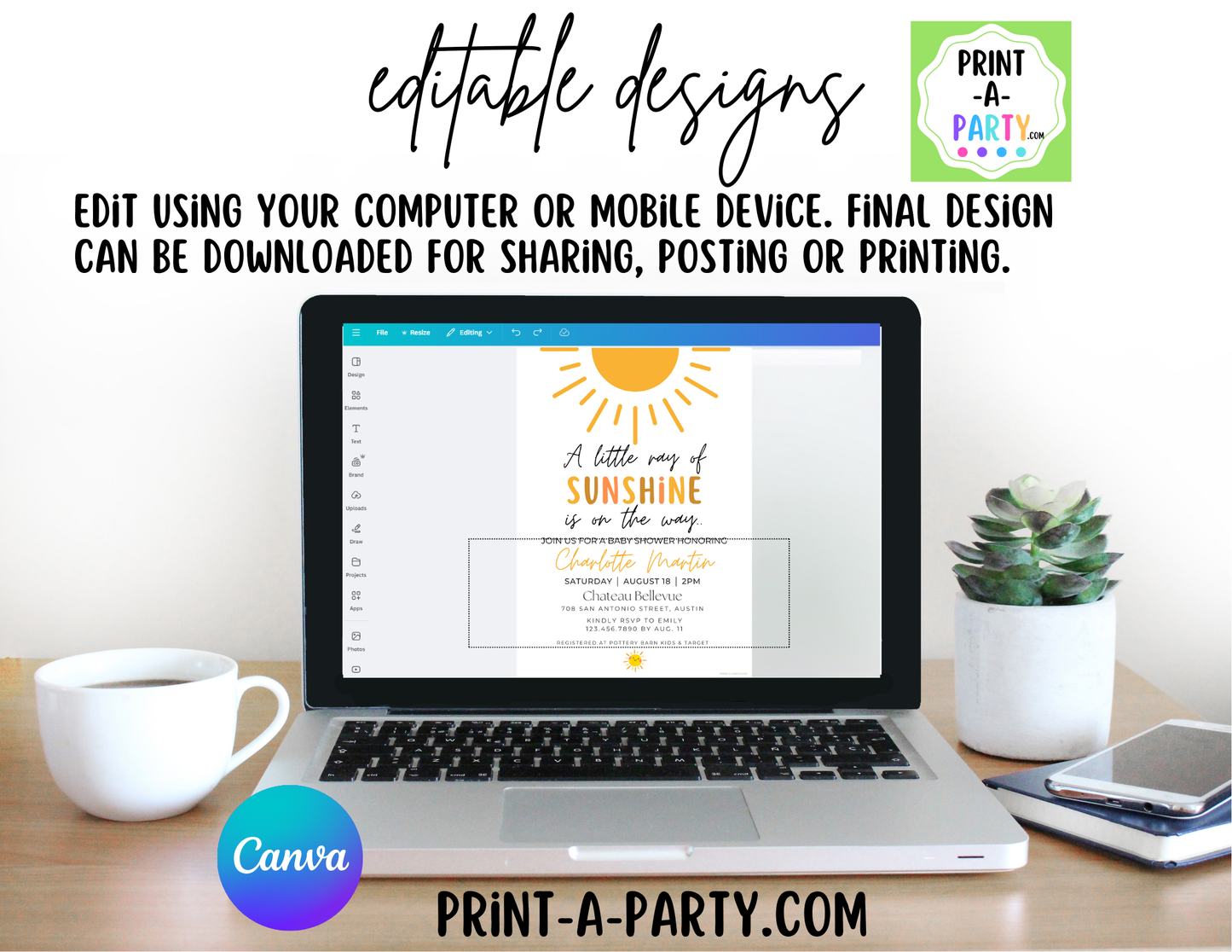 EDITABLE Baby Shower INVITATION Template in a SUNSHINE Theme - A Little Ray of Sunshine Invite for Baby Shower, Sprinkes, Sip and See or Adoption Parties