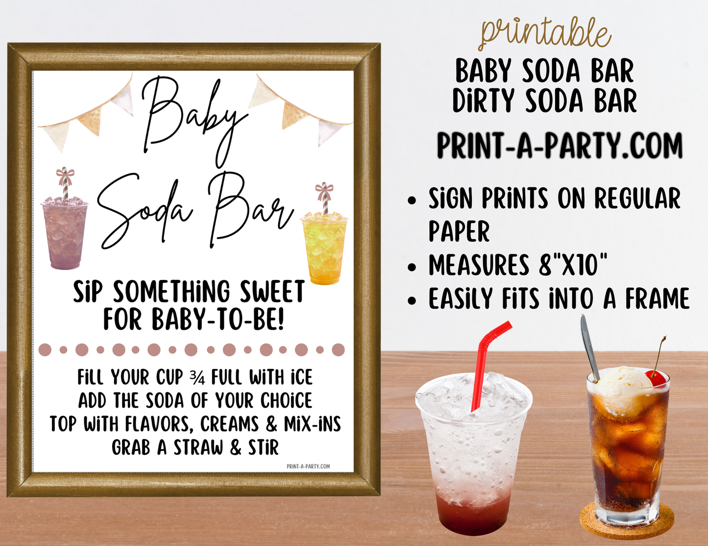 SODA BAR - Printable Neutral Baby Soda Bar Kit - Sign & Recipe Tent Cards (12 recipes!) for Baby Showers, Gender Reveals and more