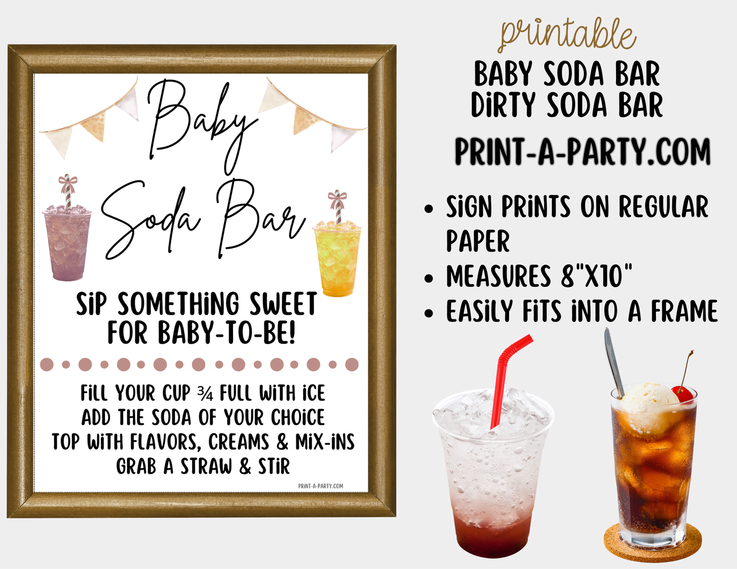 Baby Soda Bar Kit Neutral - Printable Sign (8x10), Recipe Tent Cards (12 recipes!) + Shopping List for Baby Showers, Gender Reveals and more