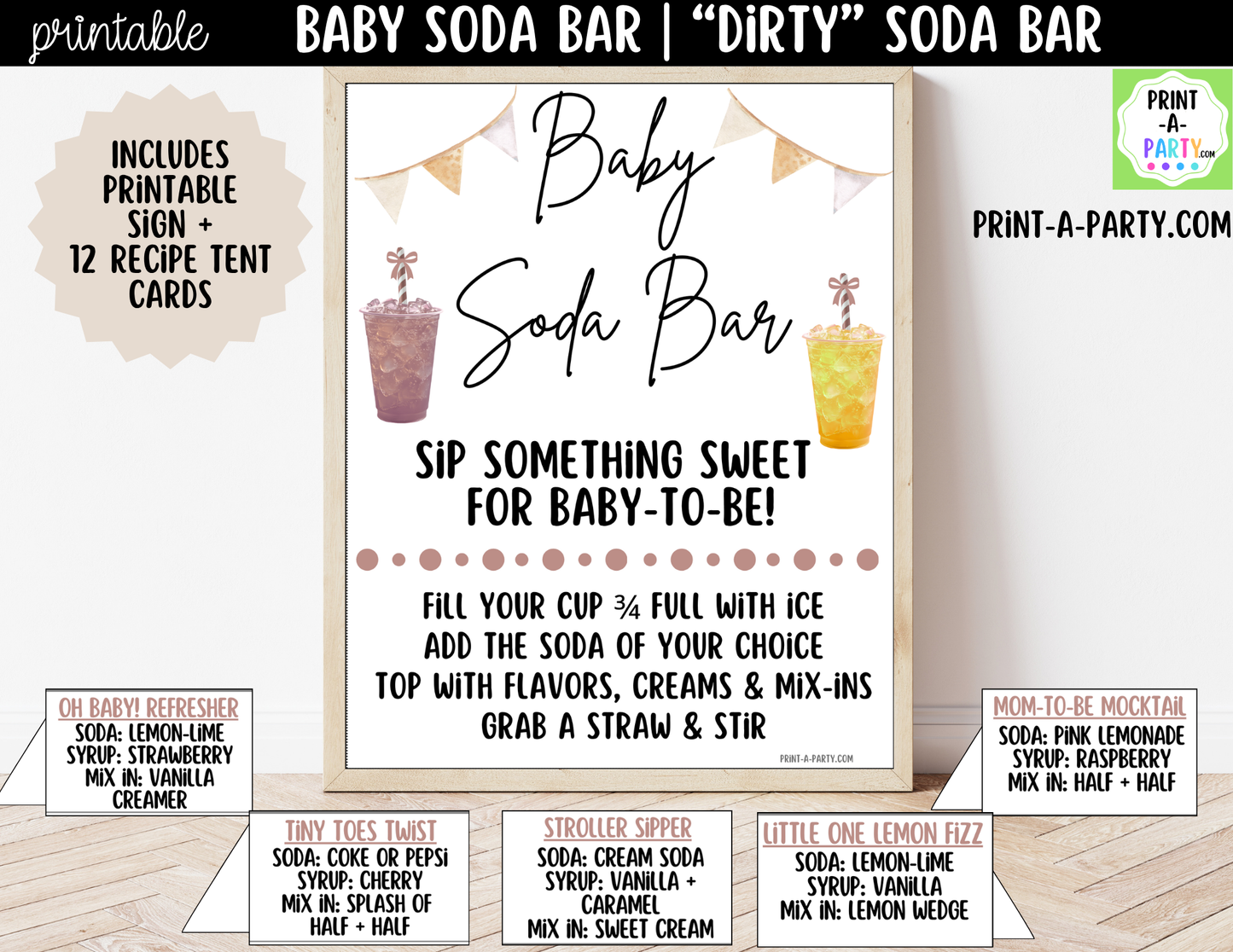 Baby Soda Bar Kit Neutral - Printable Sign (8x10), Recipe Tent Cards (12 recipes!) + Shopping List for Baby Showers, Gender Reveals and more