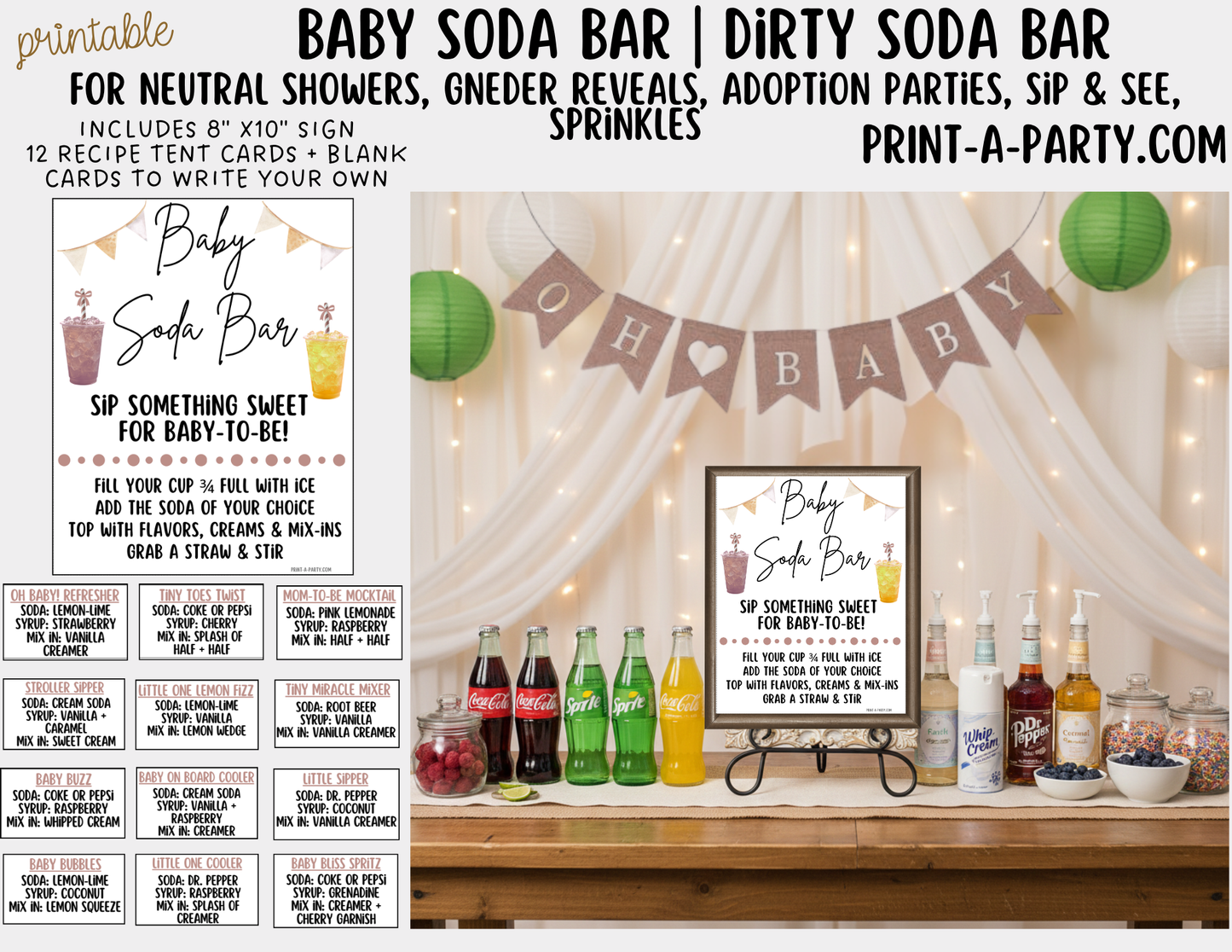 SODA BAR - Printable Neutral Baby Soda Bar Kit - Sign & Recipe Tent Cards (12 recipes!) for Baby Showers, Gender Reveals and more