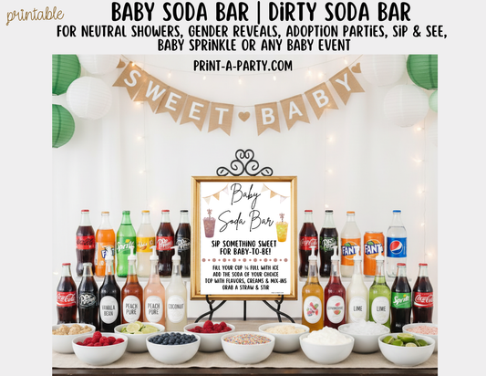 SODA BAR - Printable Neutral Baby Soda Bar Kit - Sign & Recipe Tent Cards (12 recipes!) for Baby Showers, Gender Reveals and more