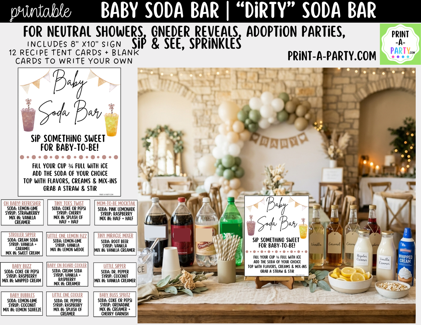 Baby Soda Bar Kit Neutral - Printable Sign (8x10), Recipe Tent Cards (12 recipes!) + Shopping List for Baby Showers, Gender Reveals and more