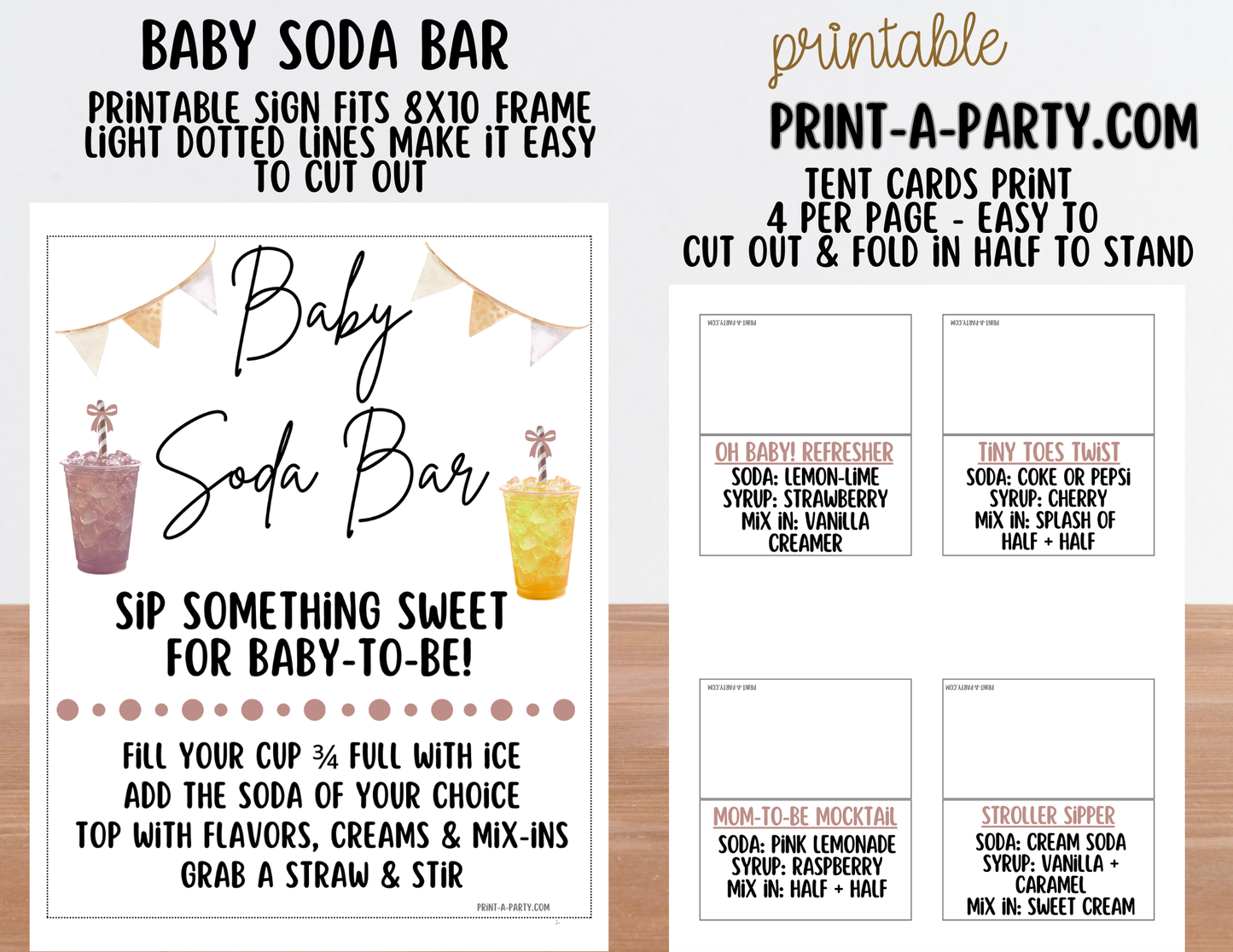 SODA BAR - Printable Neutral Baby Soda Bar Kit - Sign & Recipe Tent Cards (12 recipes!) for Baby Showers, Gender Reveals and more