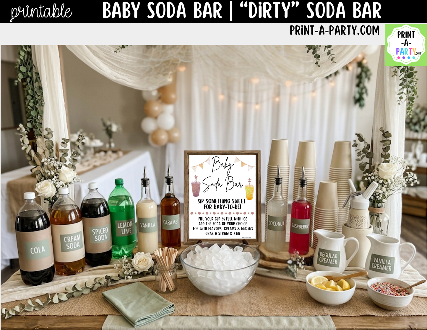 Baby Soda Bar Kit Neutral - Printable Sign (8x10), Recipe Tent Cards (12 recipes!) + Shopping List for Baby Showers, Gender Reveals and more