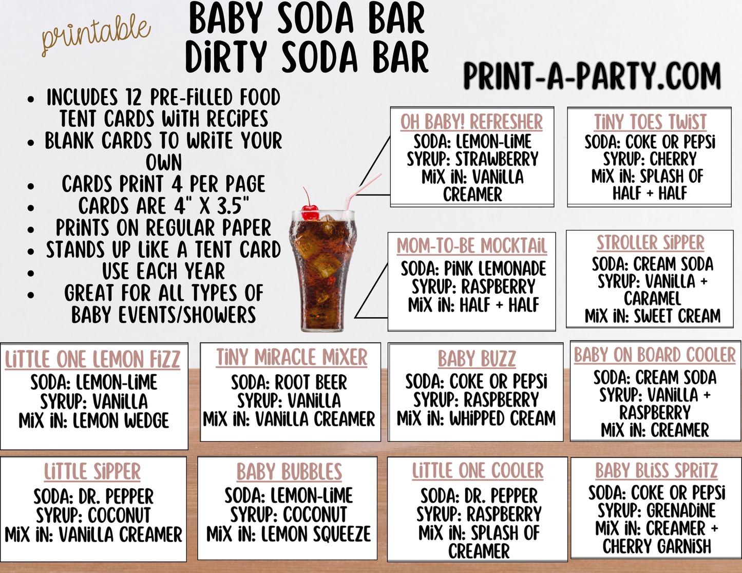 SODA BAR - Printable Neutral Baby Soda Bar Kit - Sign & Recipe Tent Cards (12 recipes!) for Baby Showers, Gender Reveals and more
