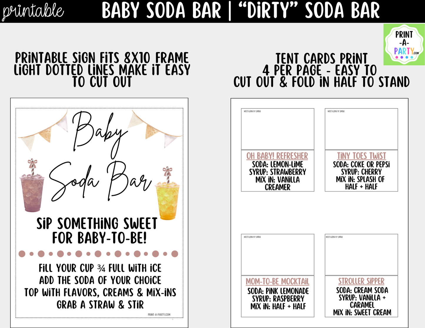 Baby Soda Bar Kit Neutral - Printable Sign (8x10), Recipe Tent Cards (12 recipes!) + Shopping List for Baby Showers, Gender Reveals and more