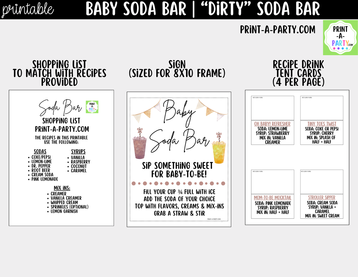 Baby Soda Bar Kit Neutral - Printable Sign (8x10), Recipe Tent Cards (12 recipes!) + Shopping List for Baby Showers, Gender Reveals and more