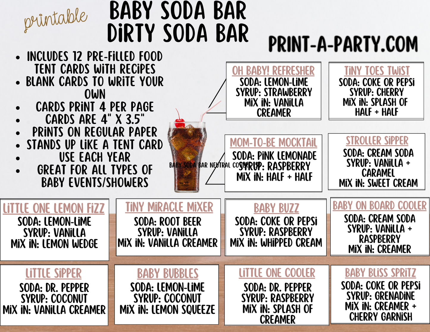 Baby Soda Bar Kit Neutral - Printable Sign (8x10), Recipe Tent Cards (12 recipes!) + Shopping List for Baby Showers, Gender Reveals and more
