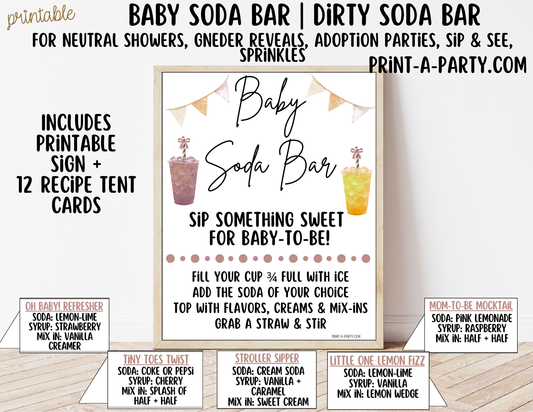 SODA BAR - Printable Neutral Baby Soda Bar Kit - Sign & Recipe Tent Cards (12 recipes!) for Baby Showers, Gender Reveals and more