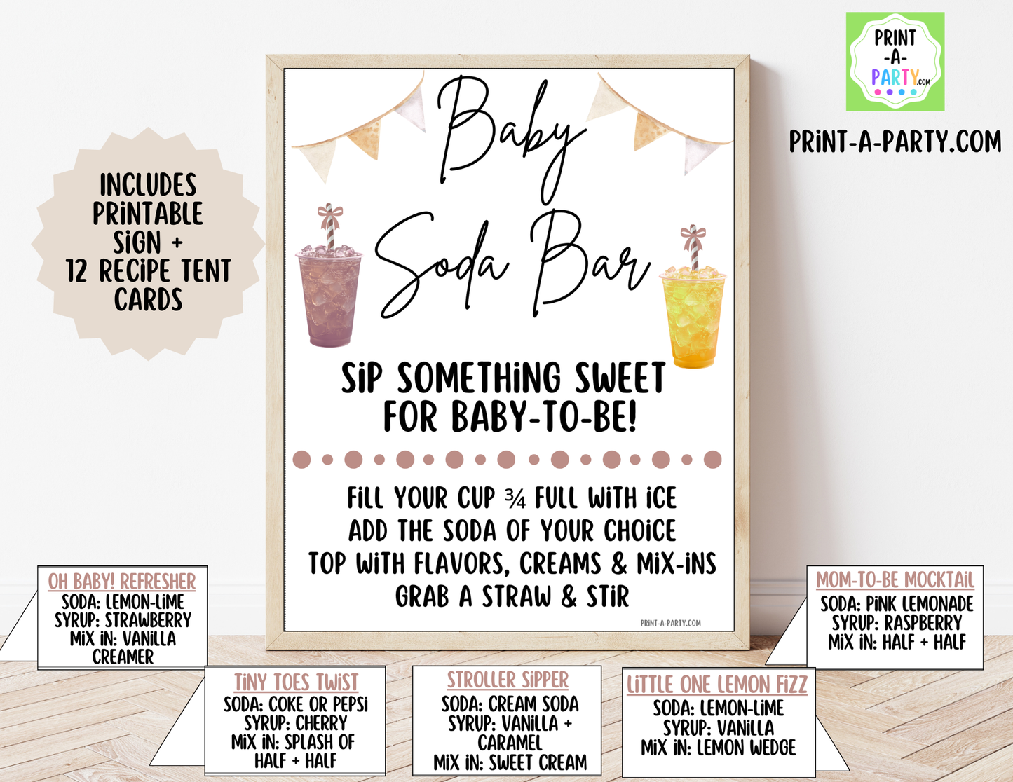 Baby Soda Bar Kit Neutral - Printable Sign (8x10) & Recipe Tent Cards (12 recipes!) for Baby Showers, Gender Reveals and more