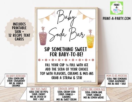 Baby Soda Bar Kit Neutral - Printable Sign (8x10) & Recipe Tent Cards (12 recipes!) for Baby Showers, Gender Reveals and more
