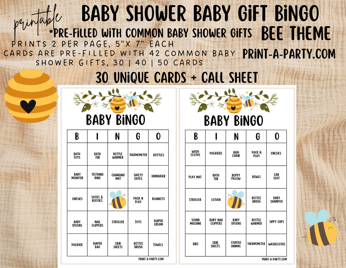 BINGO GAME BABY GIFTS - BEE THEME | Baby Gift Bingo | Pre-filled Baby Shower Gift Bingo Cards - Bee Theme | Baby Shower Gift Bingo Game - Bee | As Sweet As Can Bee | Mommy to Bee