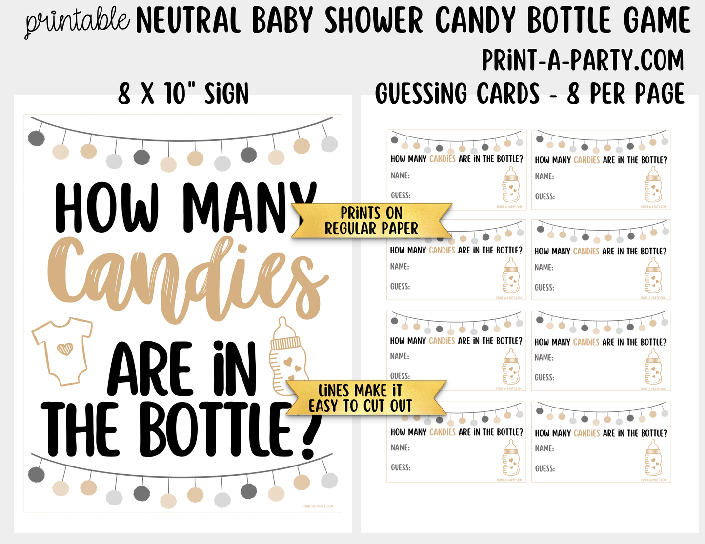 Baby Shower Candy Bottle Guessing Game Neutral Printable Sign (8x10) & Cards | How Many Candies