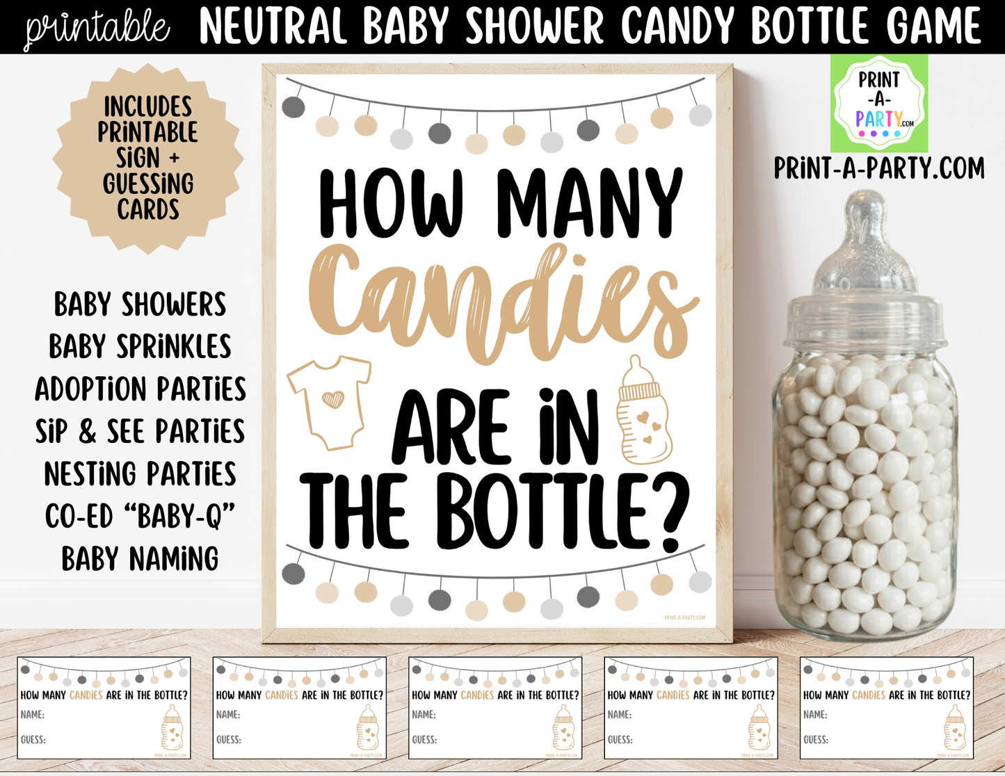 Baby Shower Candy Bottle Guessing Game Neutral Printable Sign (8x10) & Cards | How Many Candies