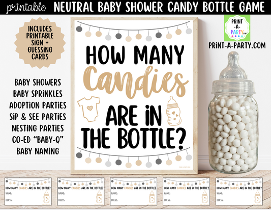 Baby Shower Candy Bottle Guessing Game Neutral Printable Sign (8x10) & Cards | How Many Candies