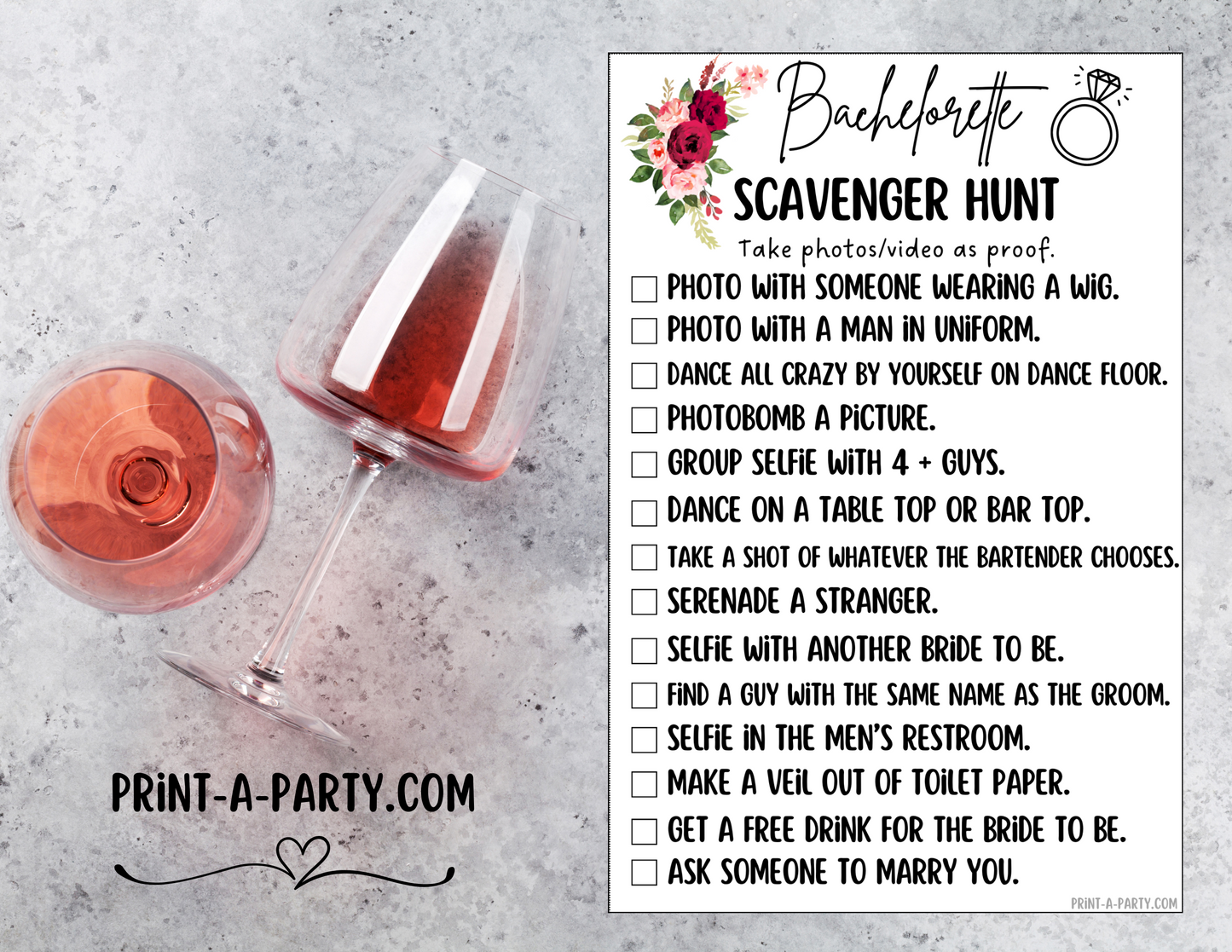 BACHELORETTE PARTY Scavenger Hunt Game Printable - Florals Theme | Hen Party Game | Fun tasks for the Bride to complete | Bachelorette Party Game | Bachelorette Party Idea