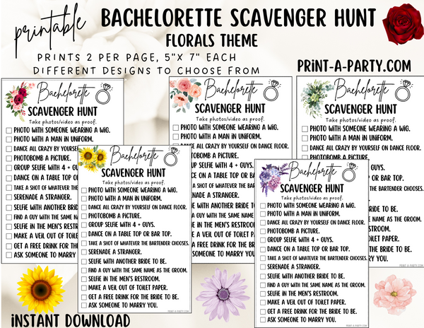 BACHELORETTE PARTY Scavenger Hunt Game Printable - Florals Theme | Hen Party Game | Fun tasks for the Bride to complete | Bachelorette Party Game | Bachelorette Party Idea