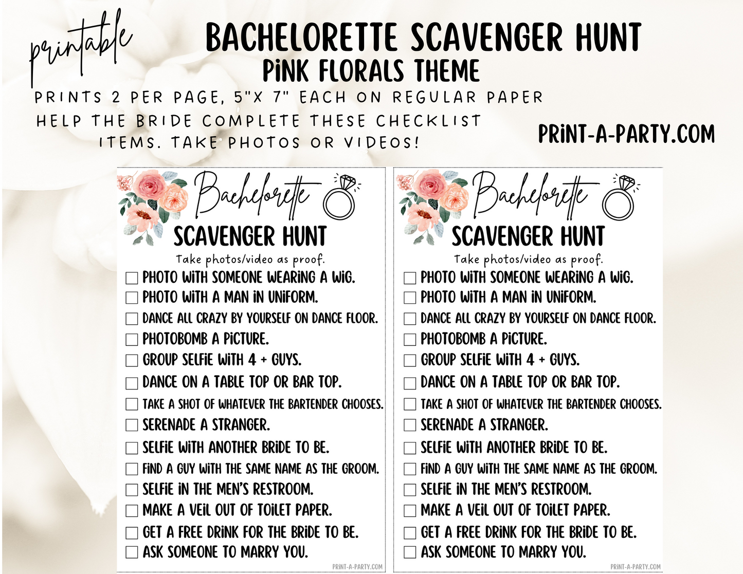 BACHELORETTE PARTY Scavenger Hunt Game Printable - Florals Theme | Hen Party Game | Fun tasks for the Bride to complete | Bachelorette Party Game | Bachelorette Party Idea