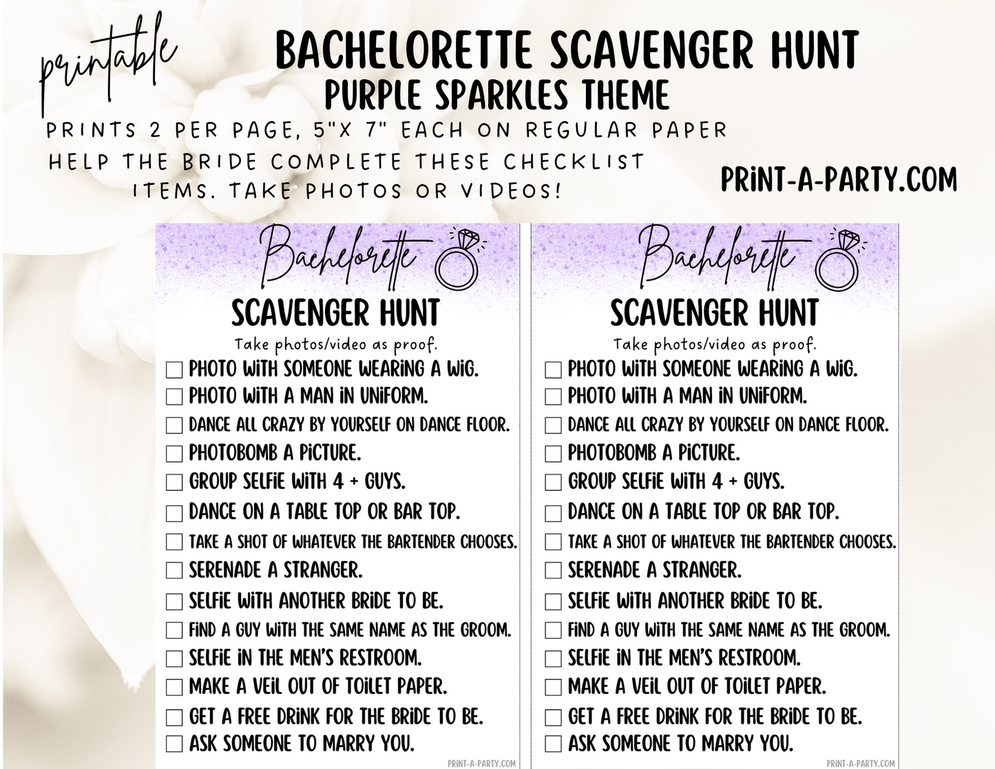 BACHELORETTE PARTY Scavenger Hunt Game Printable - Sparkles Theme | Hen Party | Fun tasks for the Bride to complete | Bachelorette Party Game | Bachelorette Party Idea