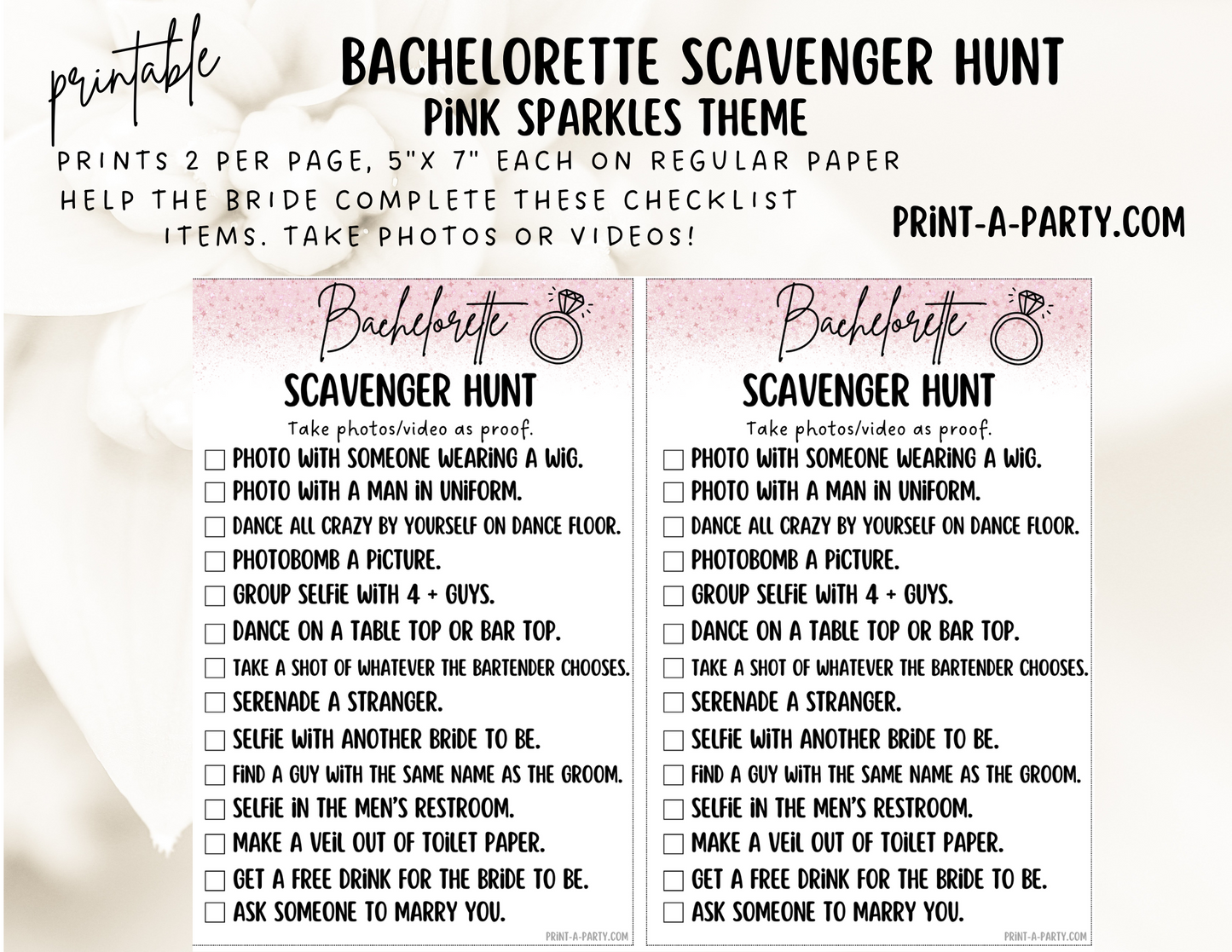 BACHELORETTE PARTY Scavenger Hunt Game Printable - Sparkles Theme | Hen Party | Fun tasks for the Bride to complete | Bachelorette Party Game | Bachelorette Party Idea