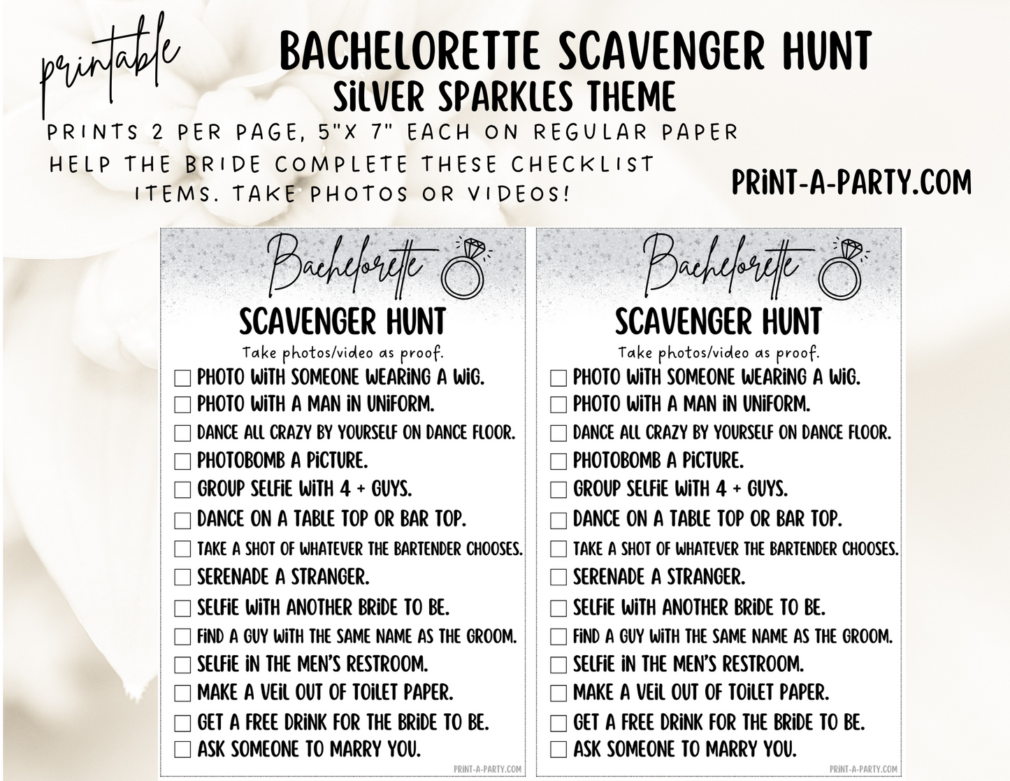 BACHELORETTE PARTY Scavenger Hunt Game Printable - Sparkles Theme | Hen Party | Fun tasks for the Bride to complete | Bachelorette Party Game | Bachelorette Party Idea