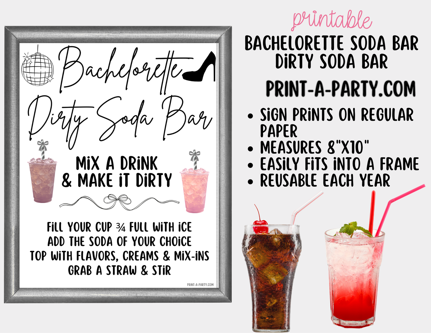 Bachelorette "Dirty" Soda Bar Kit - Printable Sign (8x10), Recipe Tent Cards (12 recipes!) + Shopping list