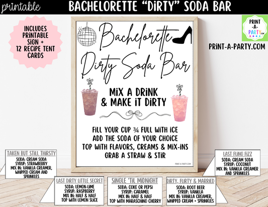 Bachelorette "Dirty" Soda Bar Kit - Printable Sign (8x10), Recipe Tent Cards (12 recipes!) + Shopping list