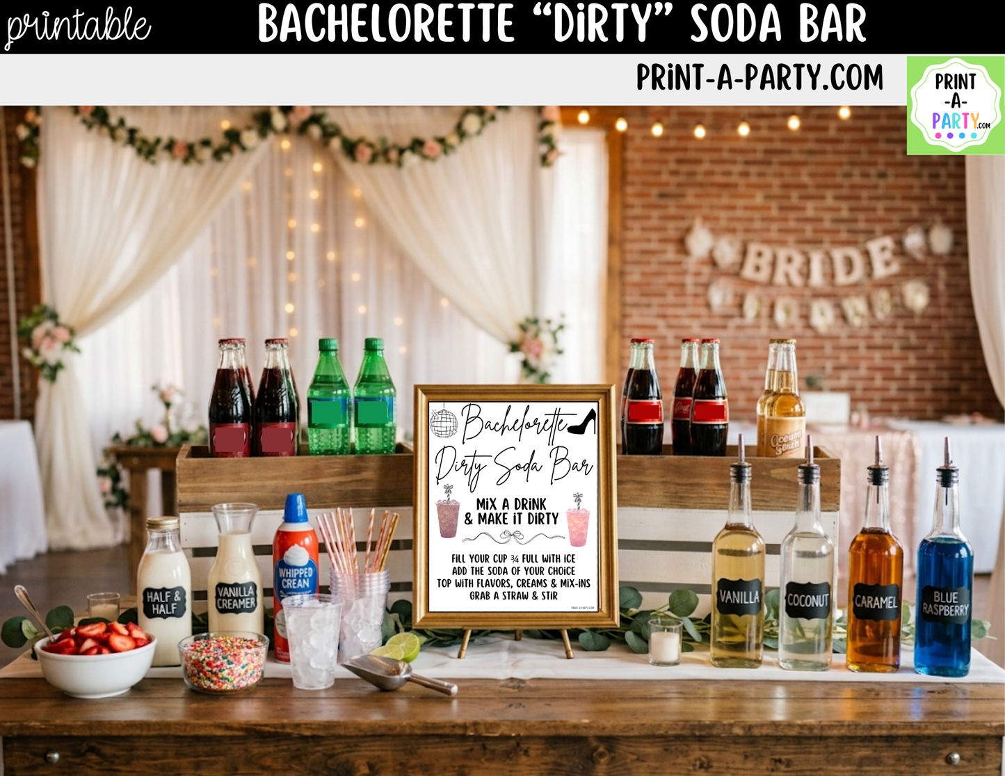 Bachelorette "Dirty" Soda Bar Kit - Printable Sign (8x10), Recipe Tent Cards (12 recipes!) + Shopping list