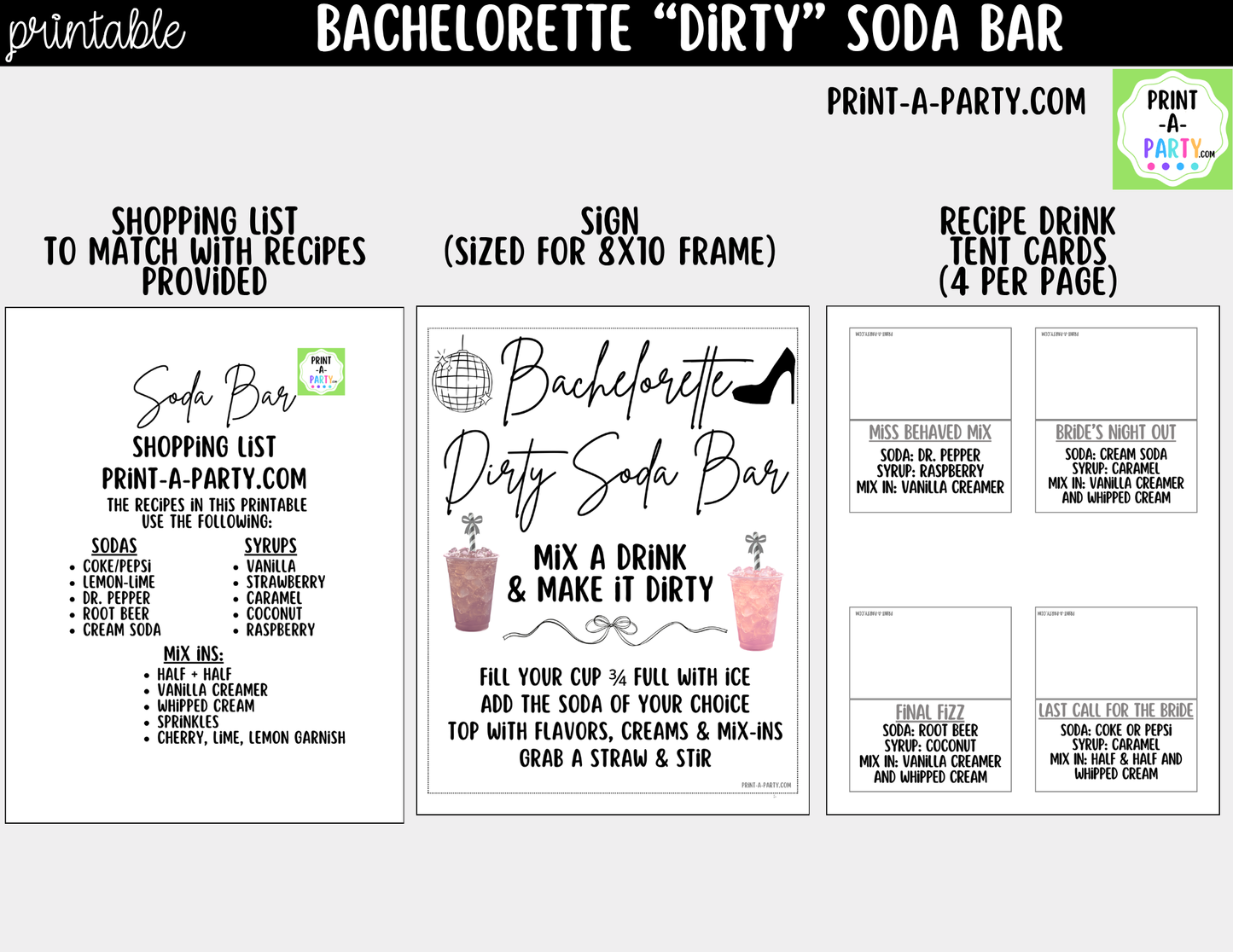 Bachelorette "Dirty" Soda Bar Kit - Printable Sign (8x10), Recipe Tent Cards (12 recipes!) + Shopping list