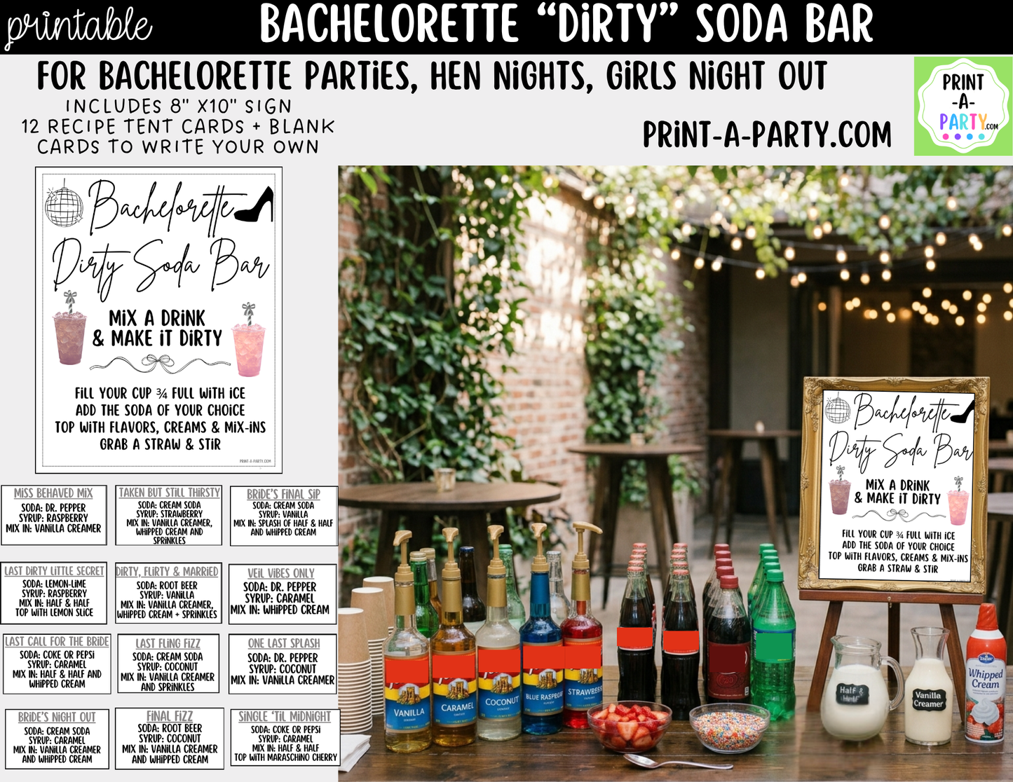 Bachelorette "Dirty" Soda Bar Kit - Printable Sign (8x10), Recipe Tent Cards (12 recipes!) + Shopping list