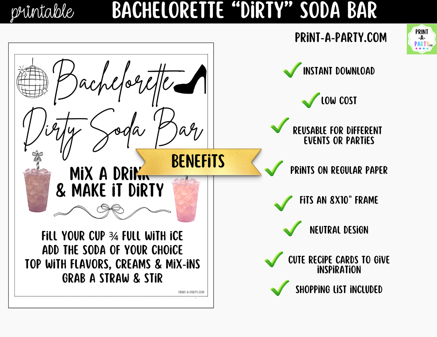 Bachelorette "Dirty" Soda Bar Kit - Printable Sign (8x10), Recipe Tent Cards (12 recipes!) + Shopping list