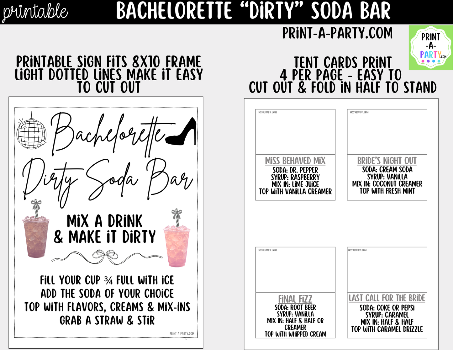 Bachelorette "Dirty" Soda Bar Kit - Printable Sign (8x10), Recipe Tent Cards (12 recipes!) + Shopping list