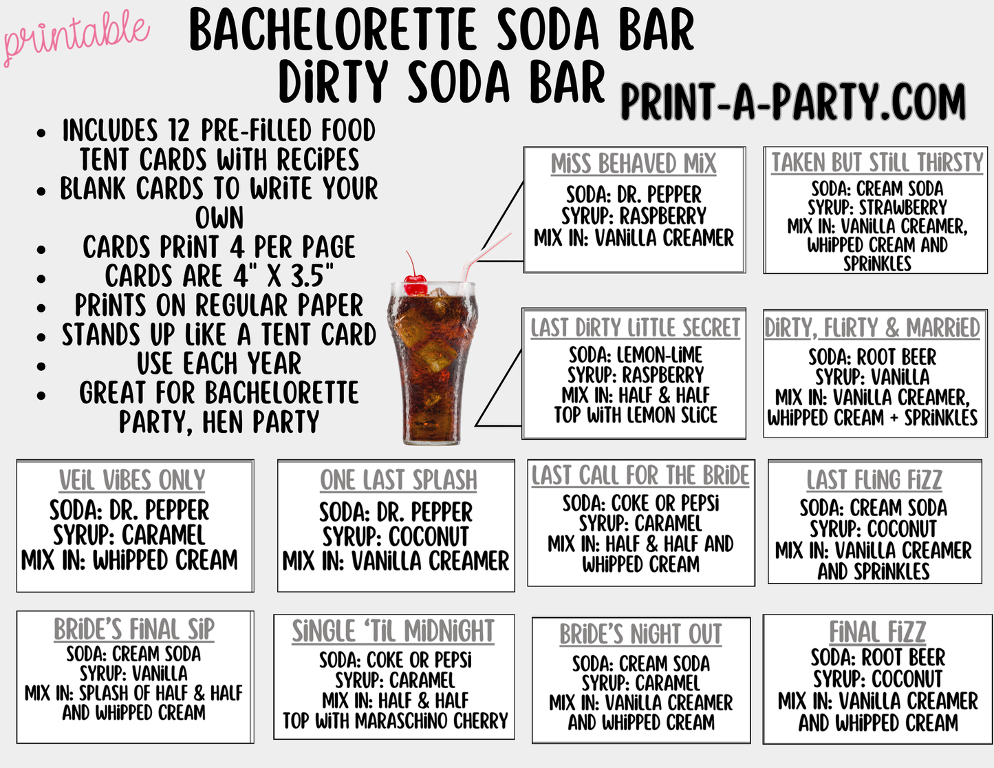 Bachelorette "Dirty" Soda Bar Kit - Printable Sign (8x10), Recipe Tent Cards (12 recipes!) + Shopping list
