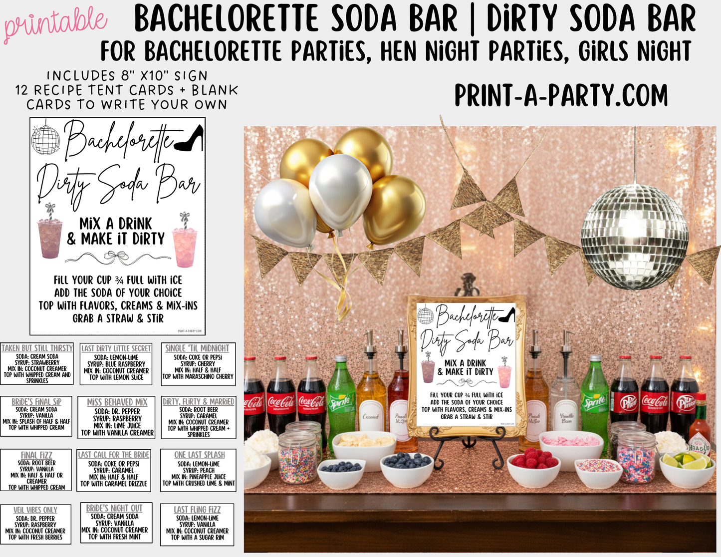 SODA BAR - Printable Bachelorette "Dirty" Soda Bar Kit - Cheeky Sign & Recipe Tent Cards (12 recipes!) for Hen Parties, Girls Night