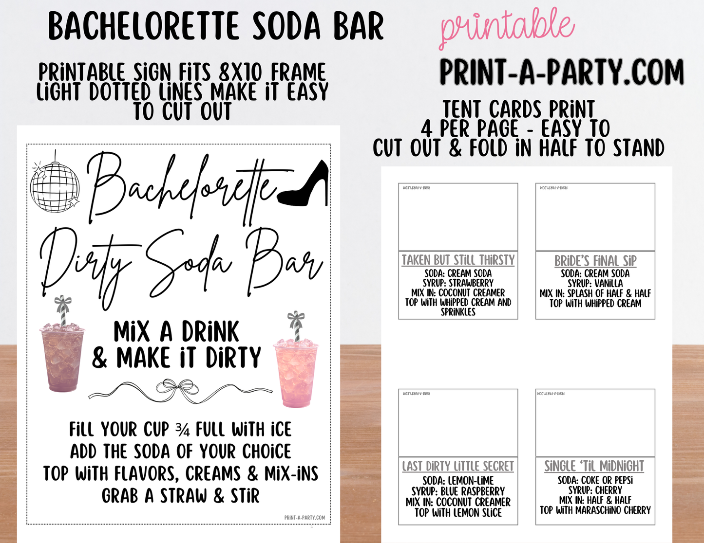 SODA BAR - Printable Bachelorette "Dirty" Soda Bar Kit - Cheeky Sign & Recipe Tent Cards (12 recipes!) for Hen Parties, Girls Night