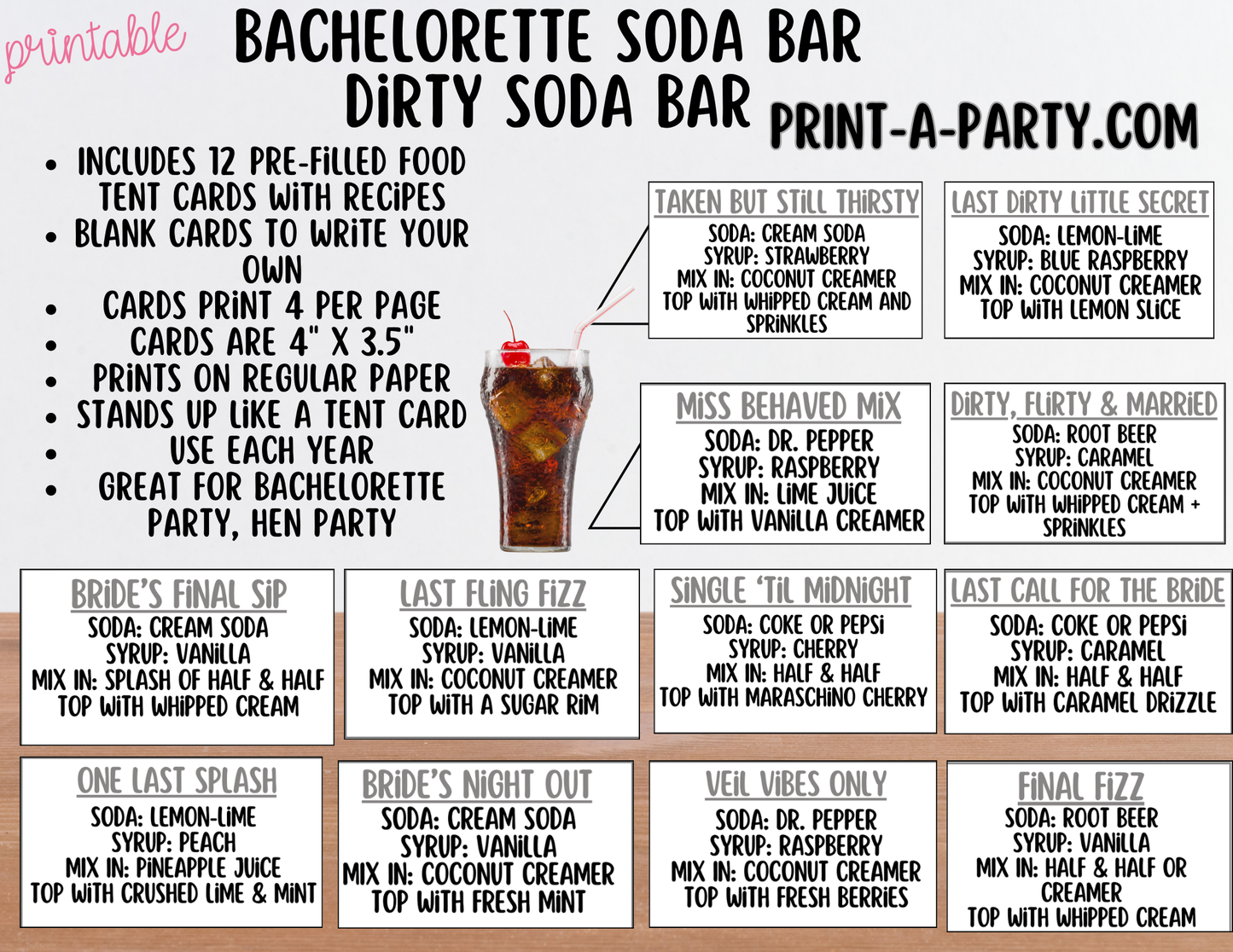 SODA BAR - Printable Bachelorette "Dirty" Soda Bar Kit - Cheeky Sign & Recipe Tent Cards (12 recipes!) for Hen Parties, Girls Night