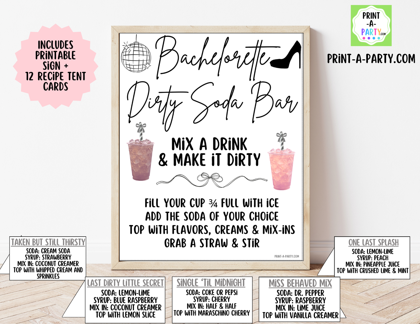 SODA BAR - Printable Bachelorette "Dirty" Soda Bar Kit - Cheeky Sign & Recipe Tent Cards (12 recipes!) for Hen Parties, Girls Night