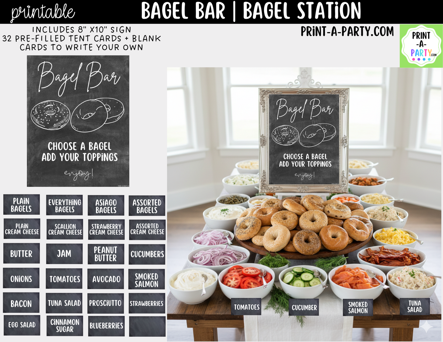 Bagel Bar Sign (8x10) & Topping Tent Cards - Printable Brunch Decor