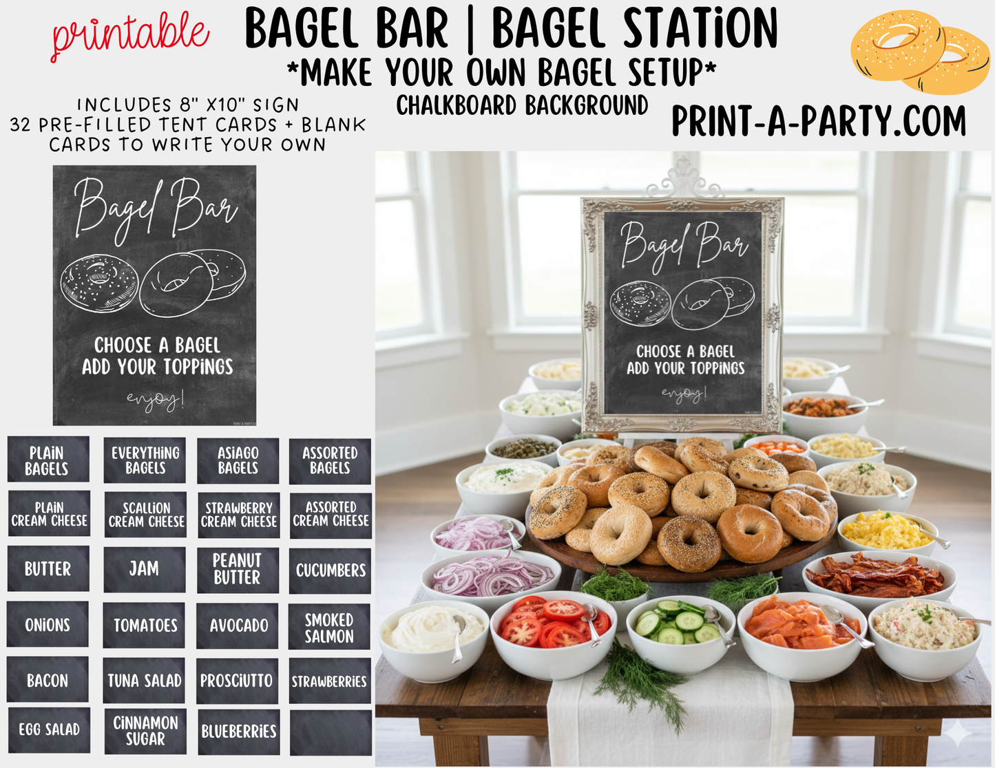 Bagel Bar Sign & Topping Tent Cards - Printable Brunch Decor for Showers, Parties, Events